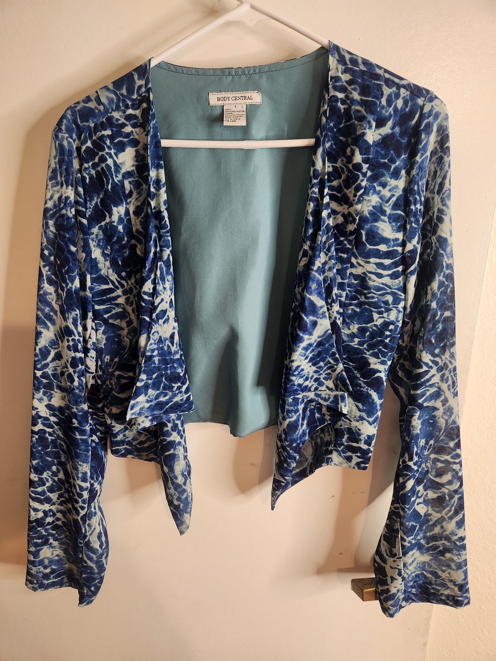 Body Central Blue Watercolor Open Front Cardigan